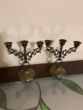 Vintage 1960s Interpur Italy Brass Triple Arm Candelabra Ornate Baroque Set of 2